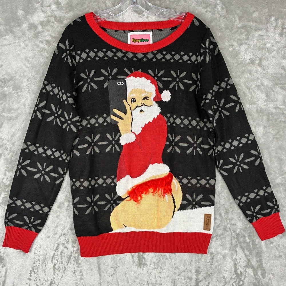 Tipsy Elves Mens Medium Naughty Santa Selfie Ugly Christmas Sweater‎ Black Red M